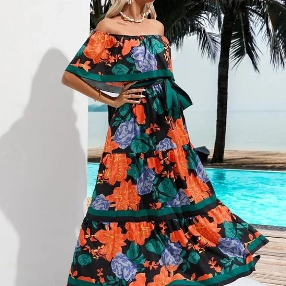 Multicolor Boho Womens Floral Print Off Shoulder Belted A-line Dress - Picture 4 of 5